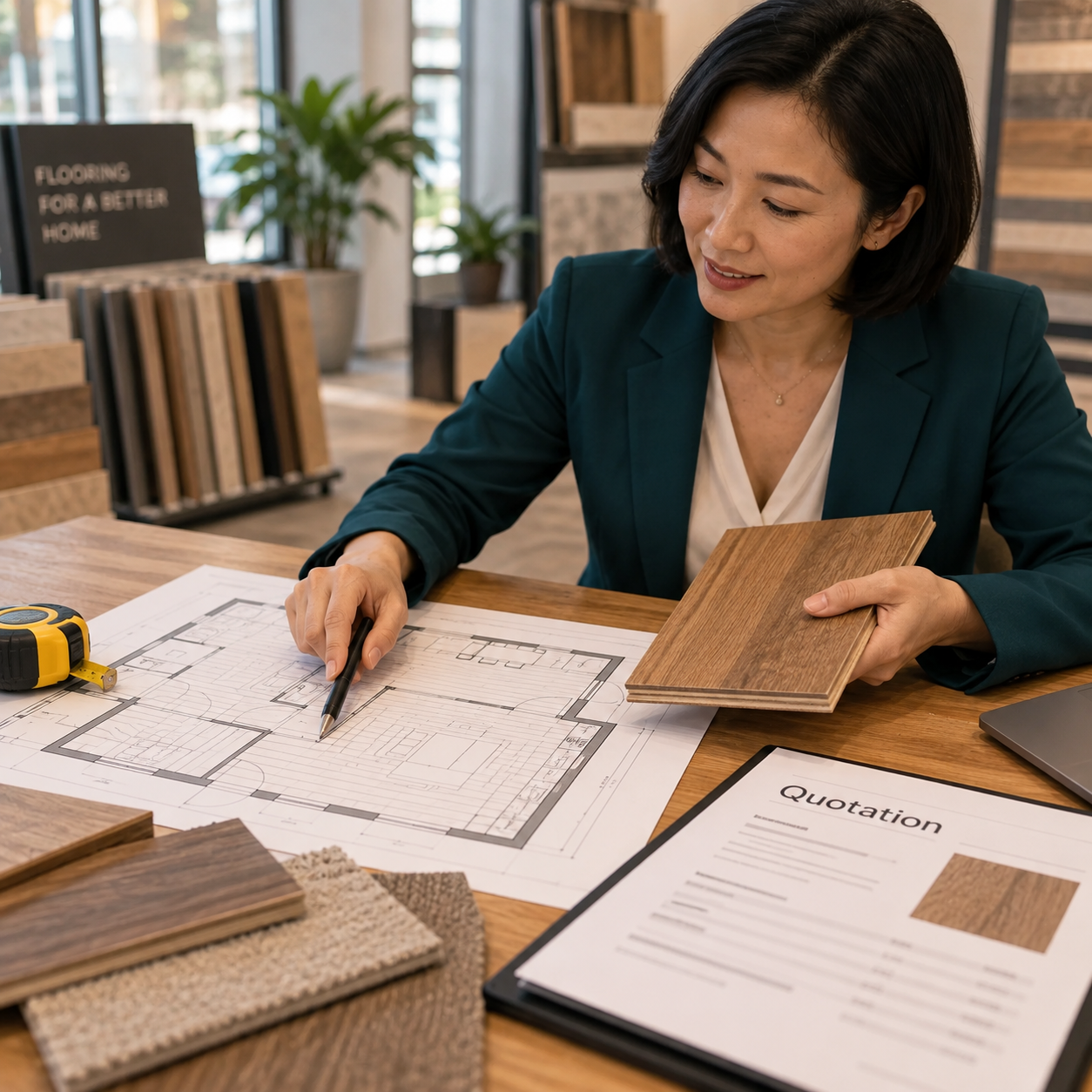 Consultant uses a measured floor plan and the chosen flooring sample to prepare a quote, tracing the measurement then pointing to the material. No legible amounts, prices, calculator totals, or invented source figures.