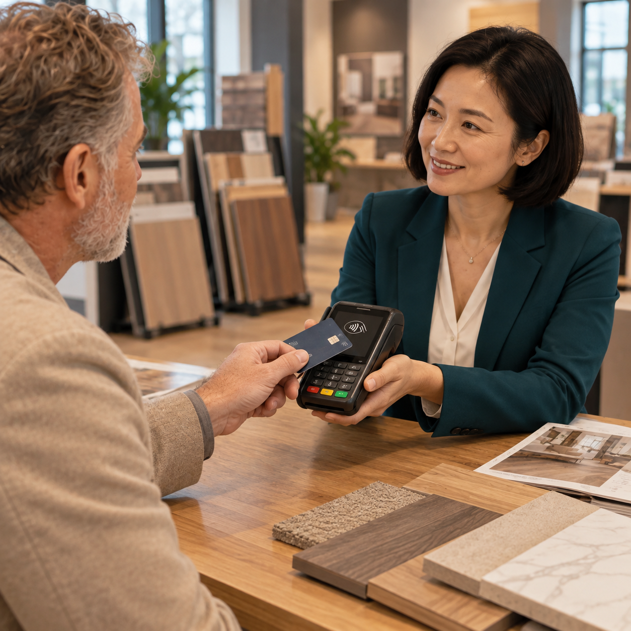 Consultant holds out a payment terminal and the customer taps a credit card to pay the flooring service charge, samples nearby. No visible prices, amounts or numeric invoice.