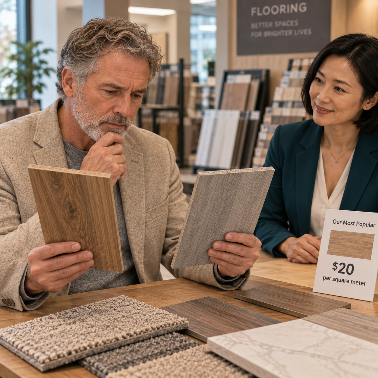 Gray-bearded customer thoughtfully weighs two different flooring samples in his hands, consultant gives him time.