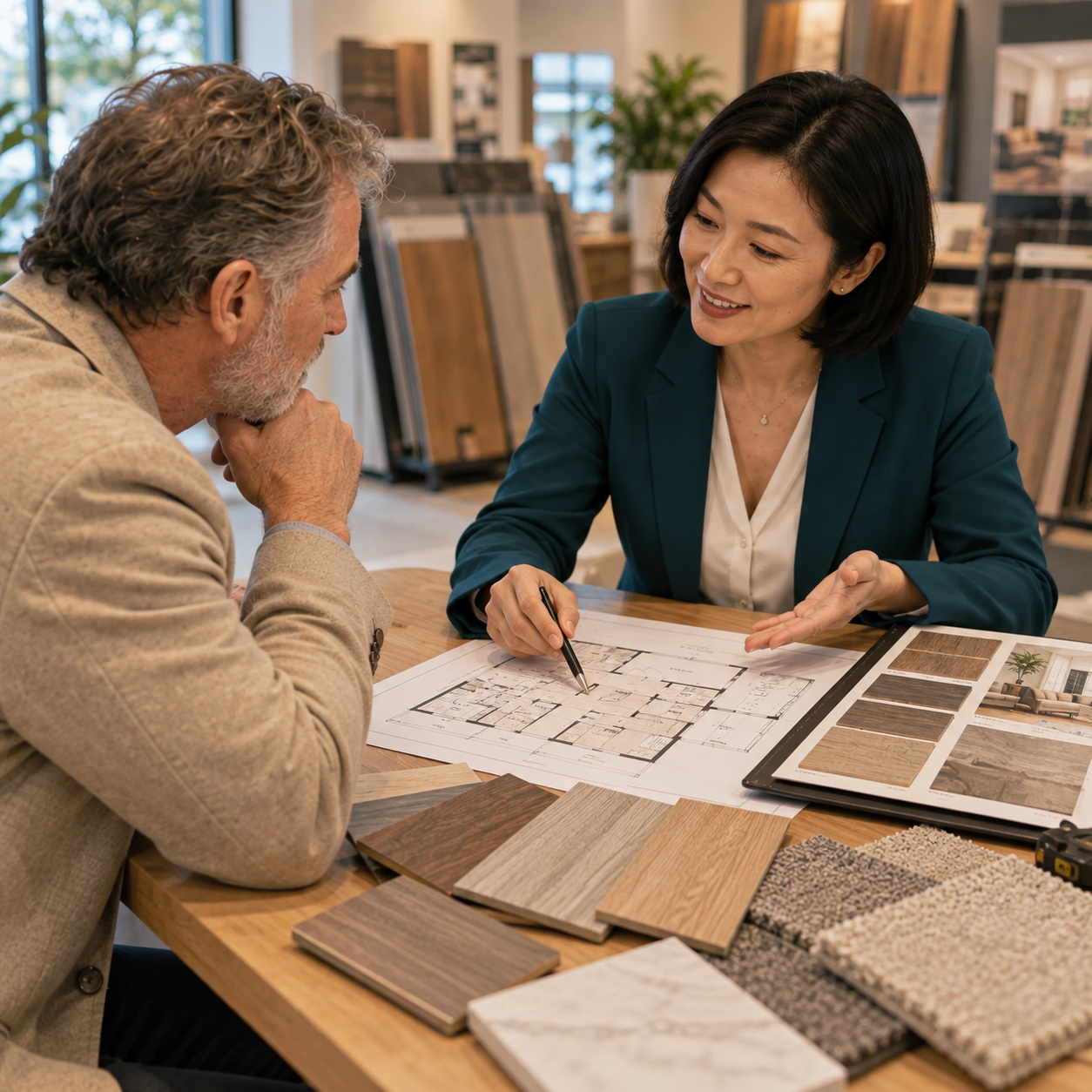 Consultant sits with customer over a room plan and flooring samples for a focused design consultation.