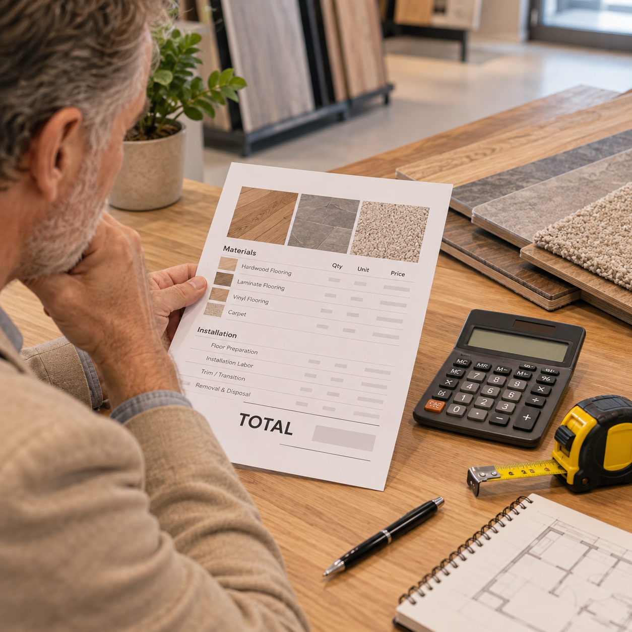 Customer reviews a flooring-job quote headed TOTAL beside a calculator, samples and measuring tape. Amounts are turned away or too small to read; no invented numerical price.