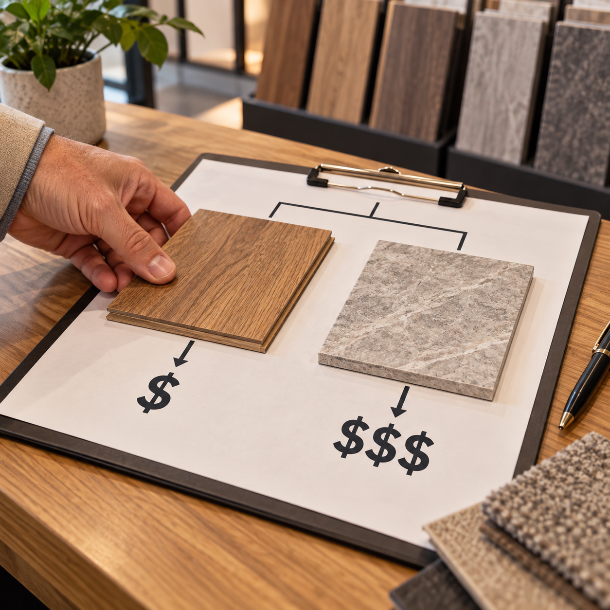 Consultant switches from a basic tile sample to a premium wood sample and updates the quote, cost depending on chosen material.