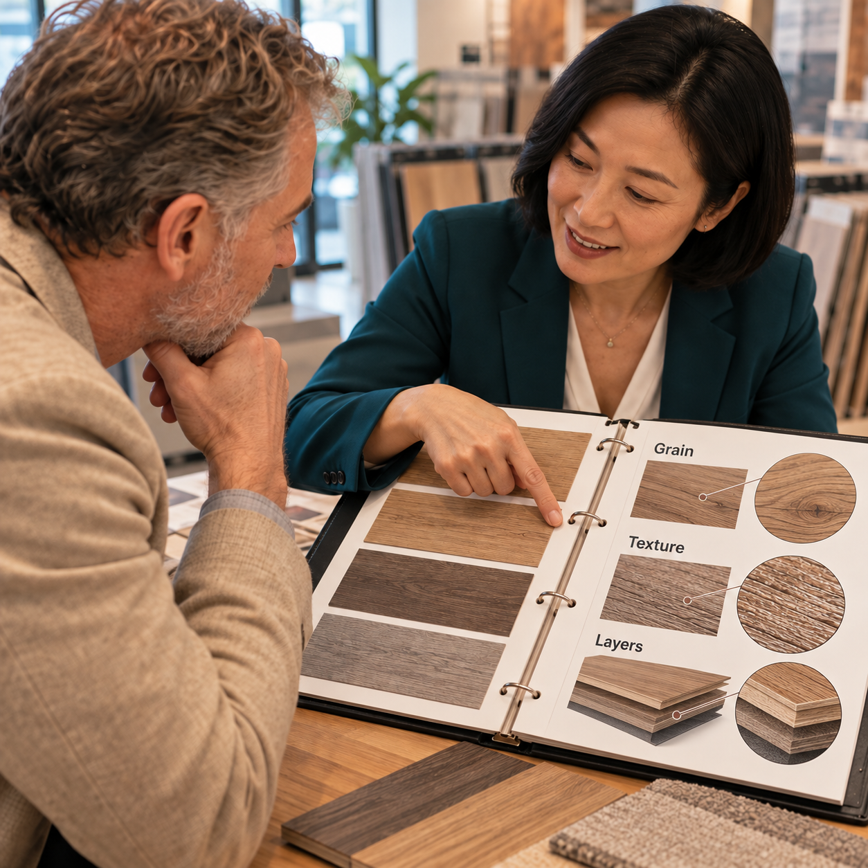 Close view of consultant highlighting individual specifications in a flooring sample binder, customer looks closely.