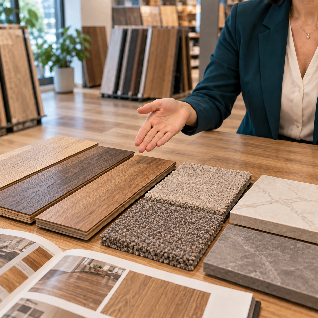 Close arrangement of wood, carpet and tile floor samples in the established showroom, consultant's hand beside them for scale.