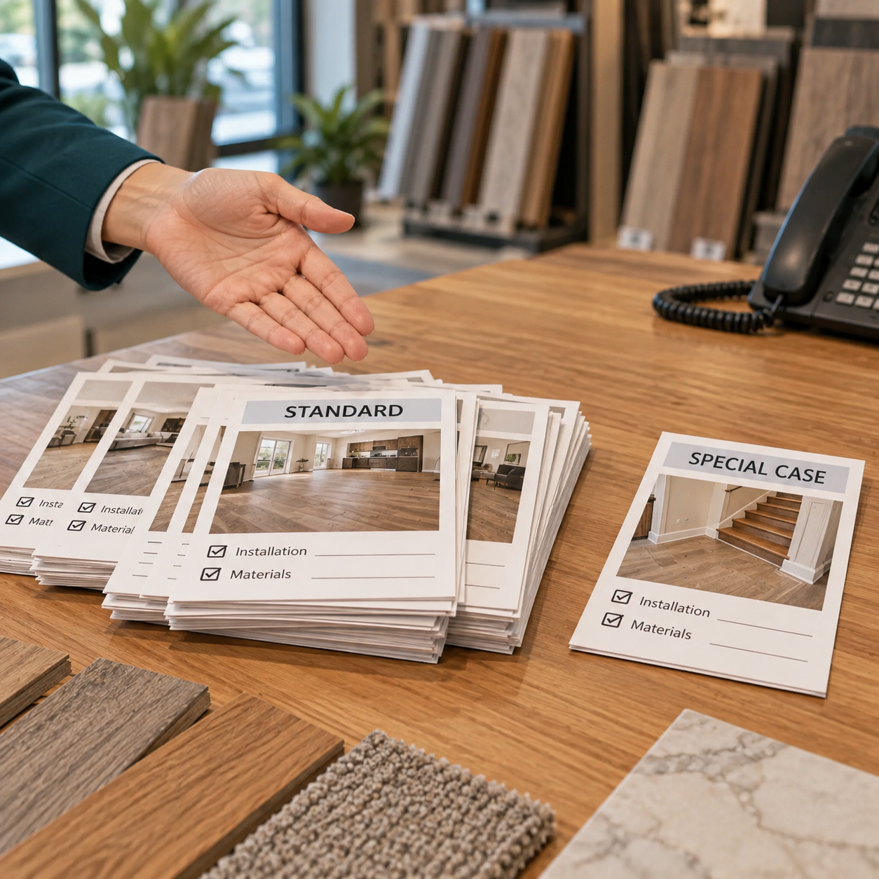 Consultant indicates a standard pricing chart for several ordinary flooring jobs before considering any special cases.