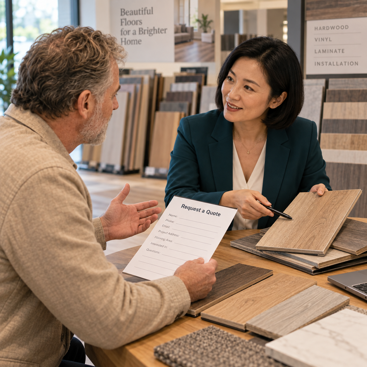 Customer asks consultant a question about flooring samples while holding an empty quote-request form.