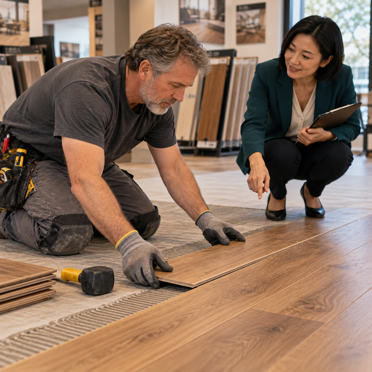 Professional installer carefully fits a wood floor plank into place in a sample room next to the showroom, consultant supervises safely.