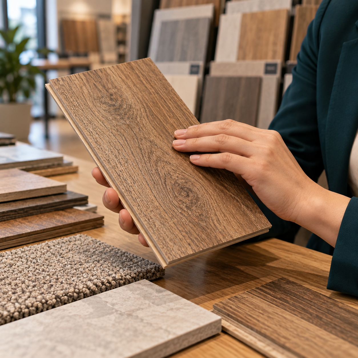 Close tactile view of consultant holding a single textured floor material sample, emphasizing substance and surface.