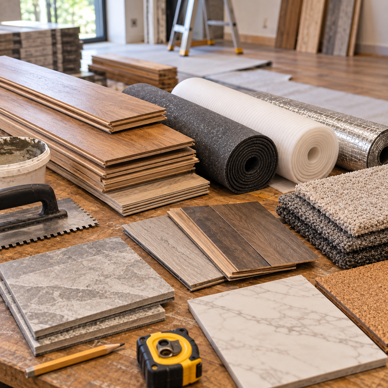Installer's workbench displays multiple raw flooring materials and underlay, distinct from the polished sample board display.