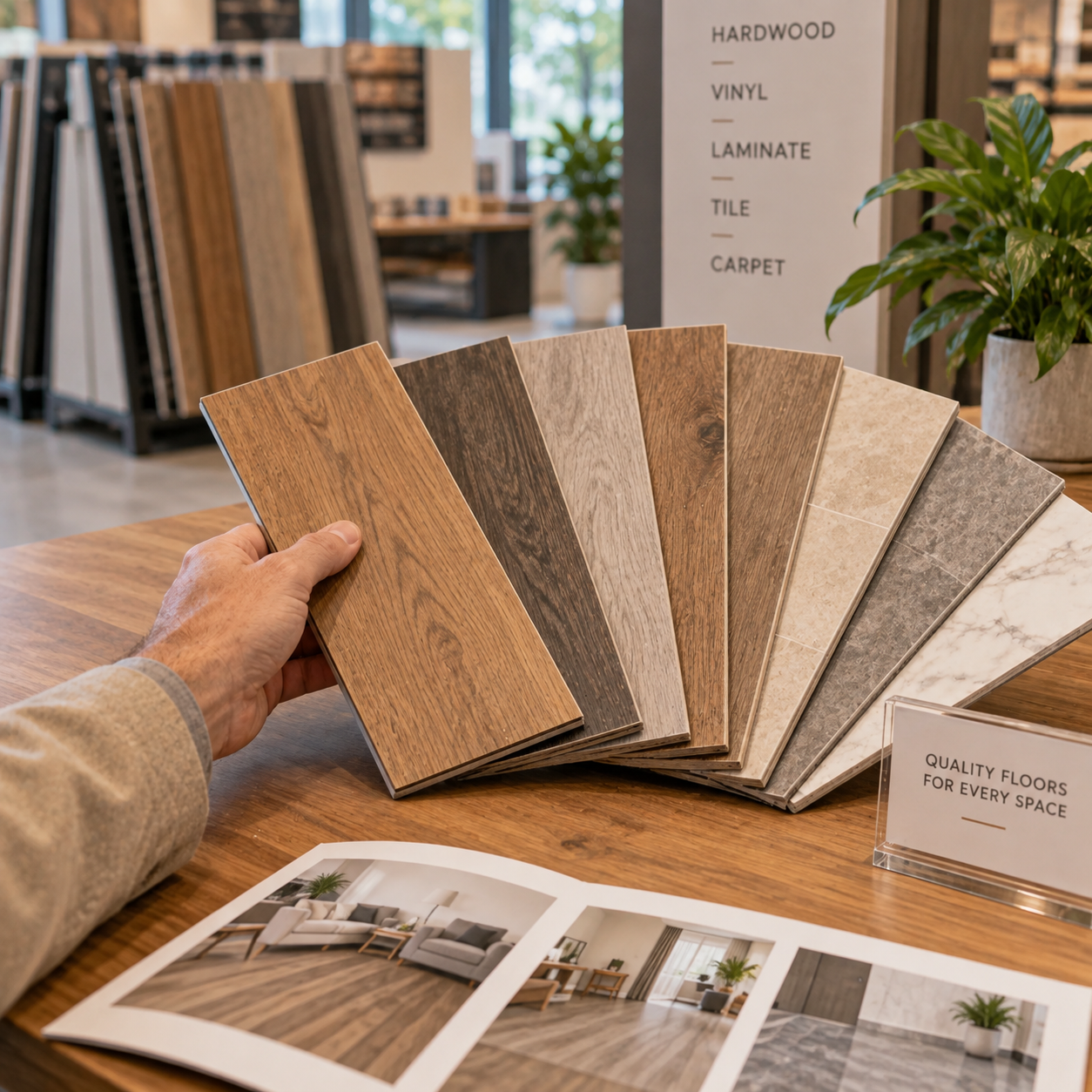 Fan-like arrangement of several clearly different flooring sample boards, customer selects among them.