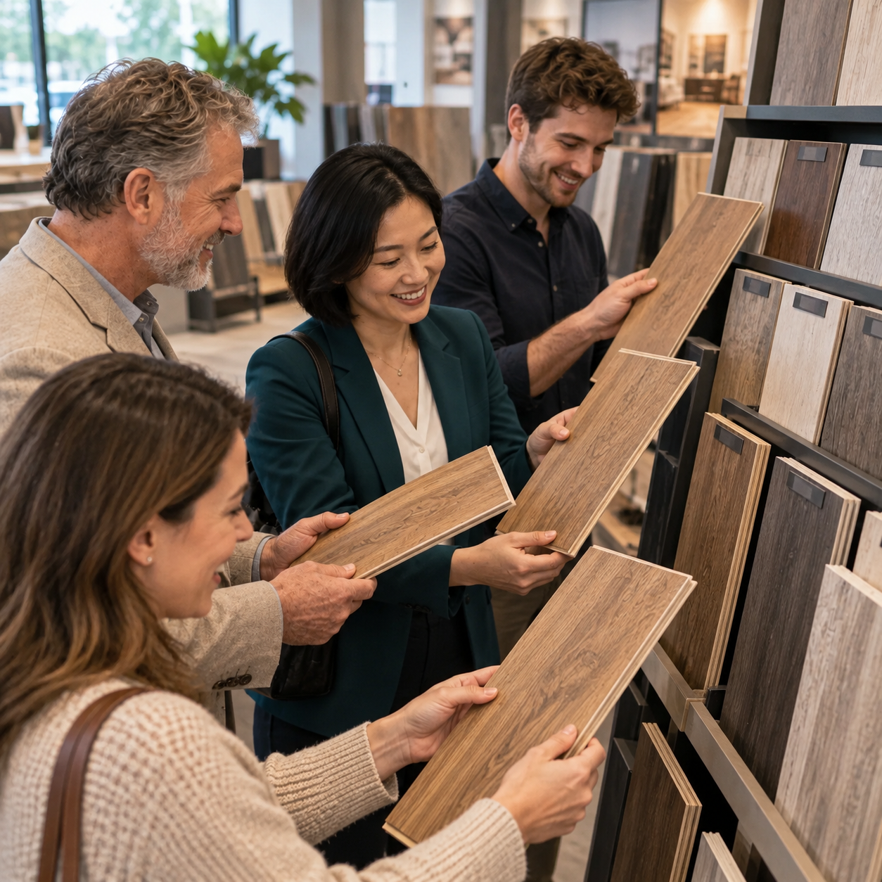 Several customers independently choose the same wood sample from a showroom rack, other samples remain displayed.
