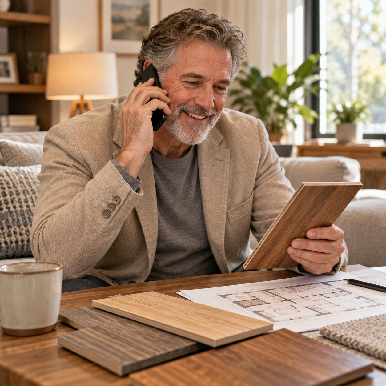 The same older gray-bearded customer in beige is ALONE in his home living room, successfully contacting the flooring consultant by smartphone at his ear. He smiles in relief while looking at a wood flooring sample and renovation sketch on his table. Consultant is remote and NOT visible. Only one person. Natural single scene, no inset, no split view, no text.