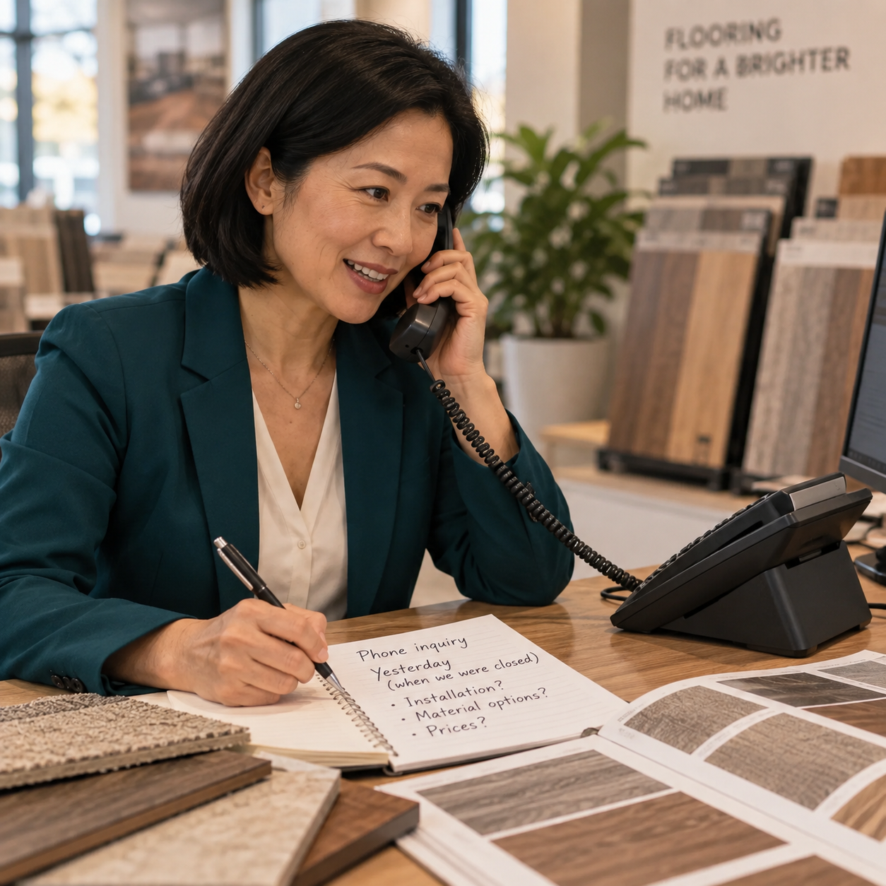 Consultant returns a customer's phone inquiry at her desk, the received inquiry note beside the phone.