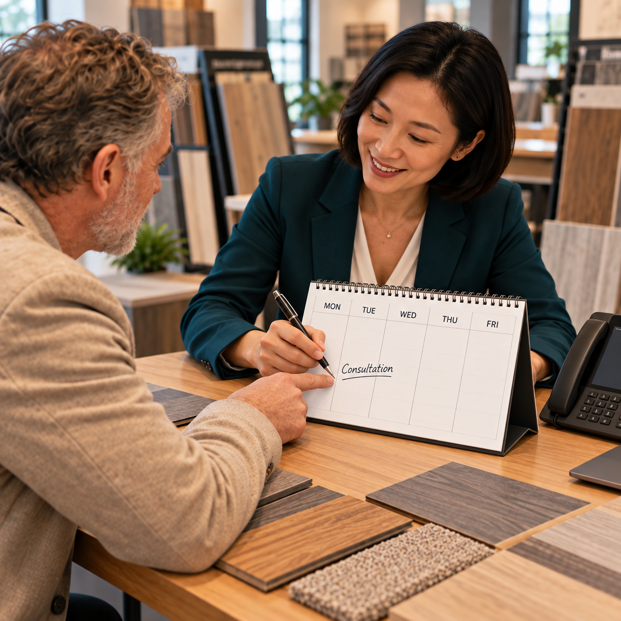 Consultant and customer choose an installation date on a desk calendar, customer points while consultant writes it in.