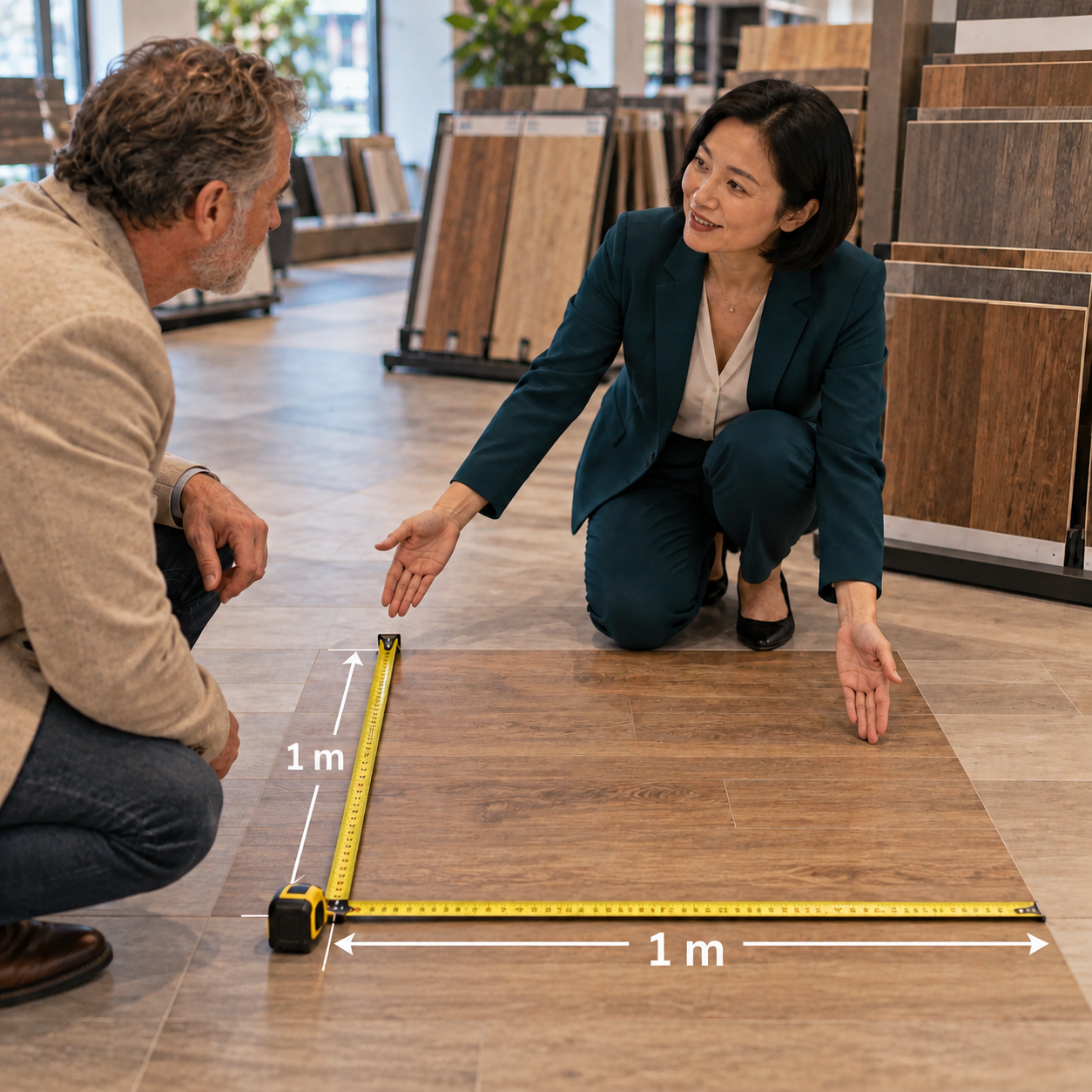 One floor area outlined exactly 1 m by 1 m with two perpendicular measuring tapes, consultant explains the unit.