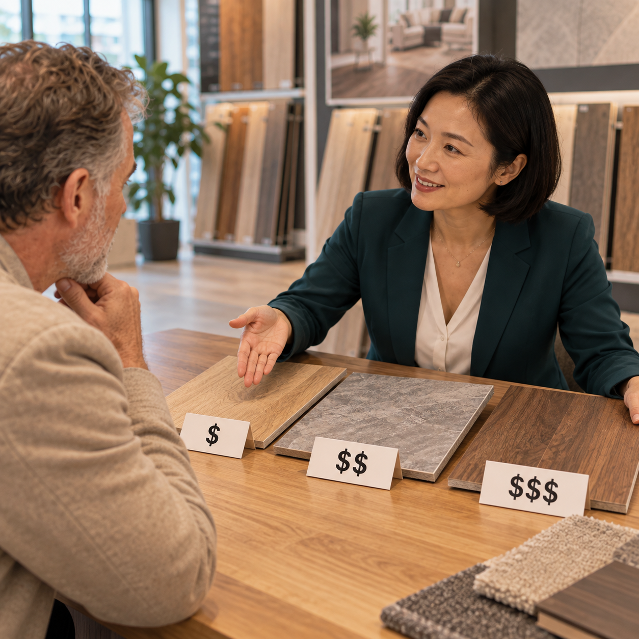Three different flooring materials carry symbolic relative price tags $, $$, and $$$; consultant compares their variation. No actual numeric prices or source-question graphic.