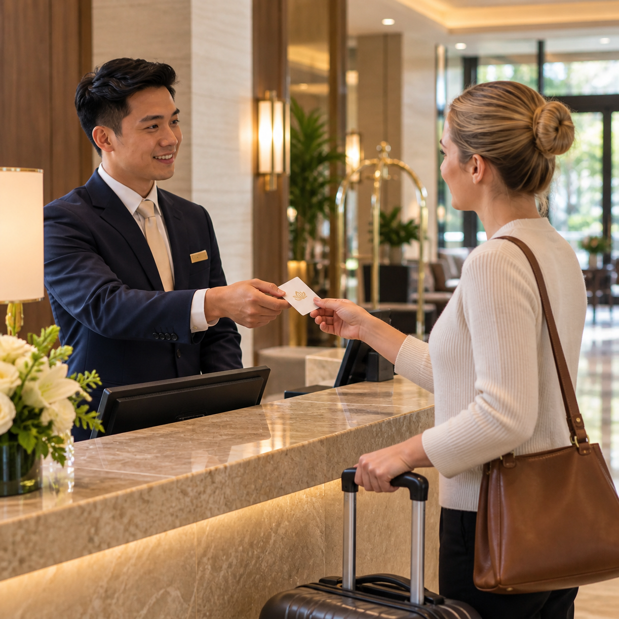 Vietnamese male receptionist gives a room key card to an arriving guest with luggage at the cream hotel desk.