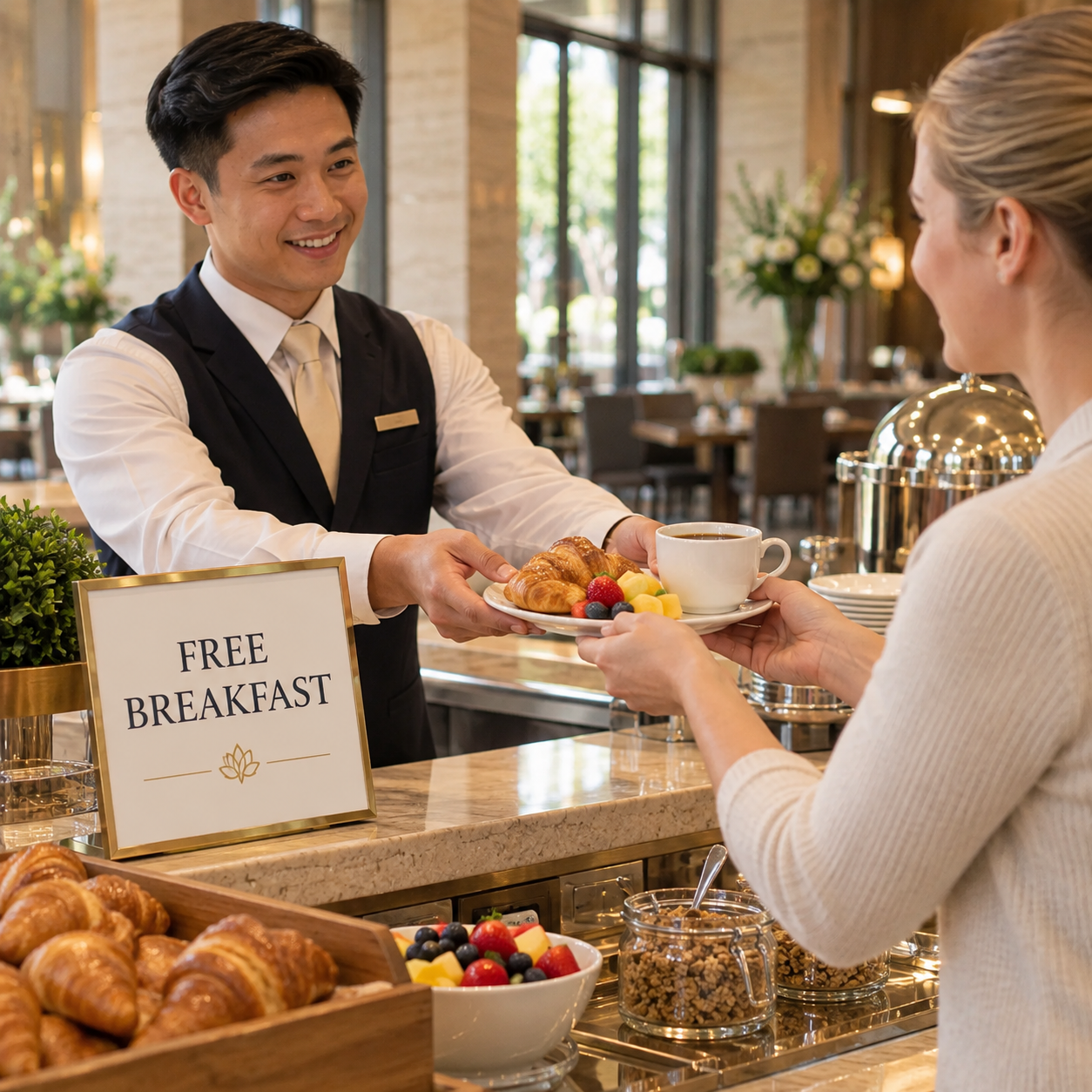 The burgundy-suited Black hotel manager offers a guest a complimentary breakfast at a cream-and-brass buffet counter. A small physical tabletop card clearly reads FREE BREAKFAST. No bill, no prices, no invented numbers. Male receptionist in navy beside her gestures welcomingly. Focus on the free included meal and welcoming gesture, with coffee, juice and croissants.
