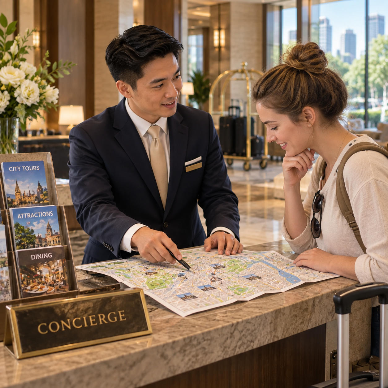 Hotel concierge helps a guest plan a city visit using a local map at a small lobby service desk.