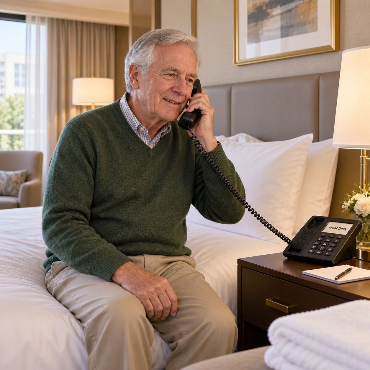 The same navy-suited Vietnamese man is ALONE in a cream and brass hotel guest room, holding the bedside telephone handset to his ear to contact reception. Show only this room, a closed room door, warm bedside lamp and phone base. Reception staff are remote and NOT visible. One person, one physically natural room, no split view or collage.