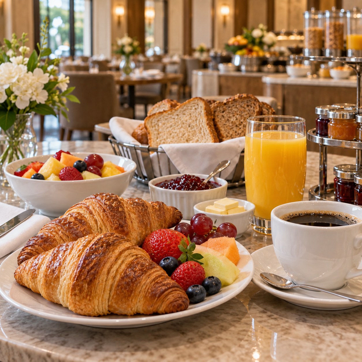 Hotel breakfast table with croissants, toast, jam, fruit, juice and coffee, no cooked heavy meal, warm dining room.