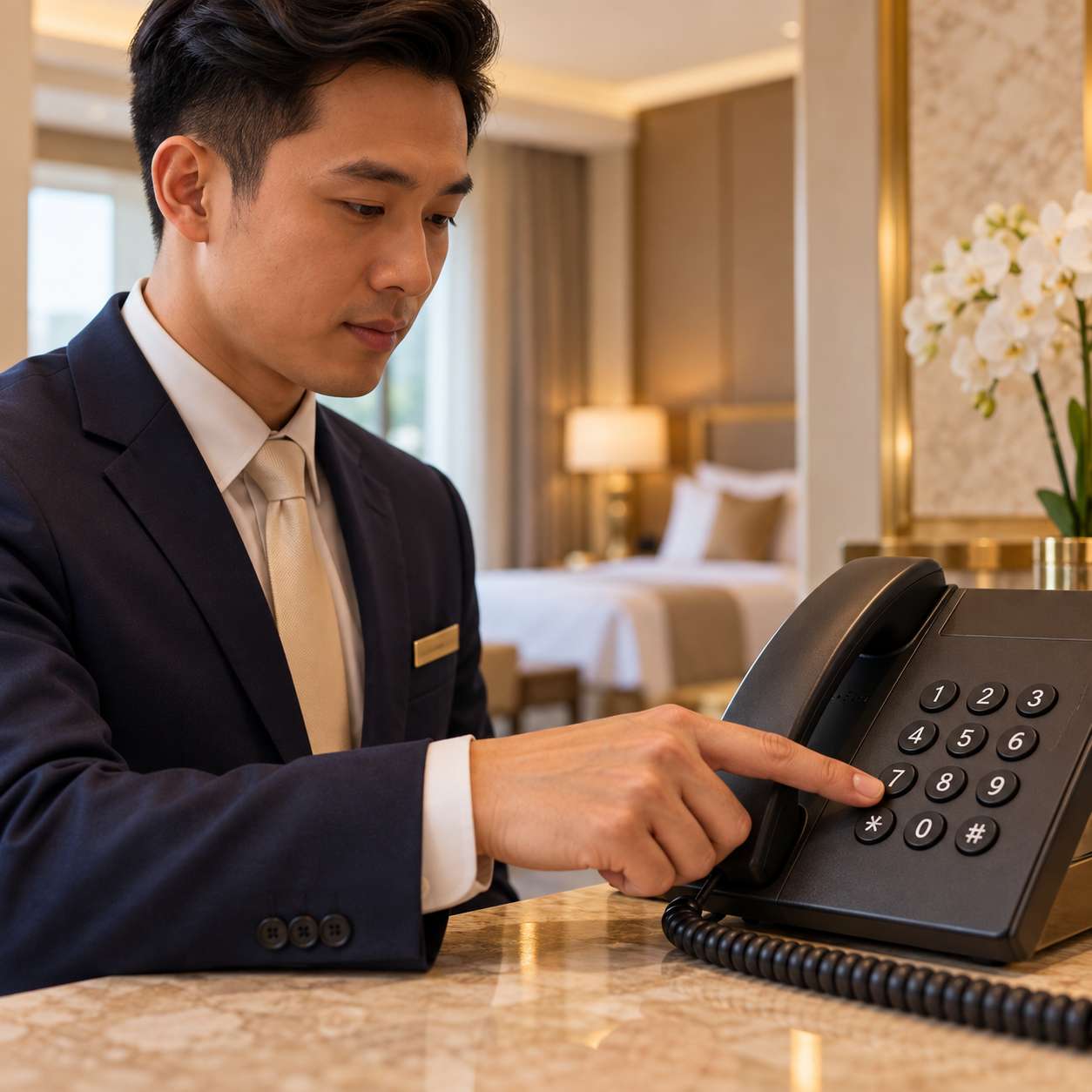 Close-up of the same navy-suited Vietnamese male receptionist hand physically pressing the 7 key of a normal telephone keypad, in the cream-and-brass hotel room. Correct standard keypad rows 1 2 3 / 4 5 6 / 7 8 9 / star 0 hash. No room directory, no lists, no signs, no screen text, no other numbers. A dialling action, not holding a receiver to his ear.