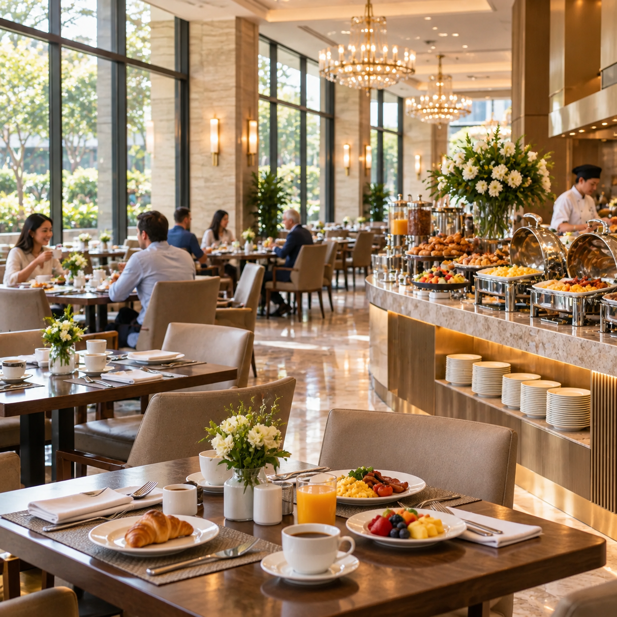 Wide hotel dining room with set tables, breakfast buffet and guests, glass windows and cream/brass design coherent.