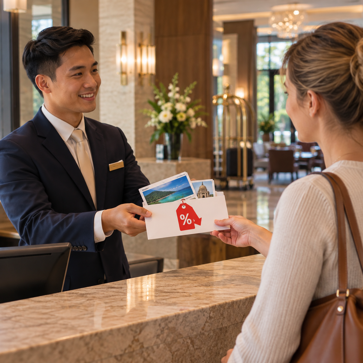 Receptionist hands a guest an attraction-ticket envelope with a reduced-price tag illustrated by a downward arrow and a money symbol. No numeric price or named attraction.