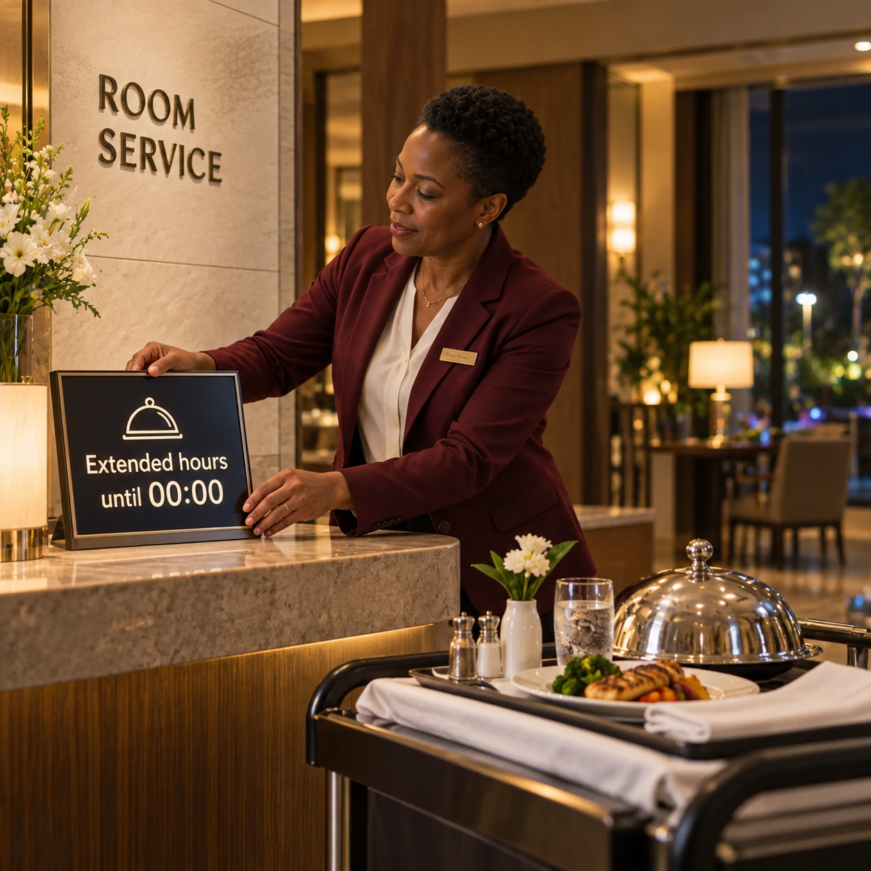Hotel manager keeps the room-service counter open late at night, showing a small digital notice Extended hours until 00:00. Warm late-night lighting, service tray ready, no analog clock or invented previous closing time.