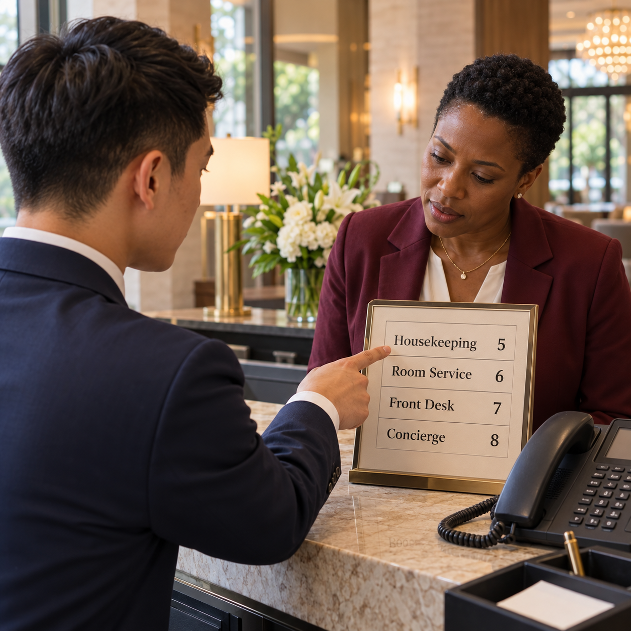 Close over-shoulder view of the same navy-suited male receptionist pointing to a physical hotel phone extension directory beside a desk telephone. The manager in burgundy watches. Exact readable directory: Housekeeping 5, Room Service 6, Front Desk 7, Concierge 8. No other numbers anywhere, no digital screen text. Focus on the short internal telephone extension numbers, exactly these four rows.