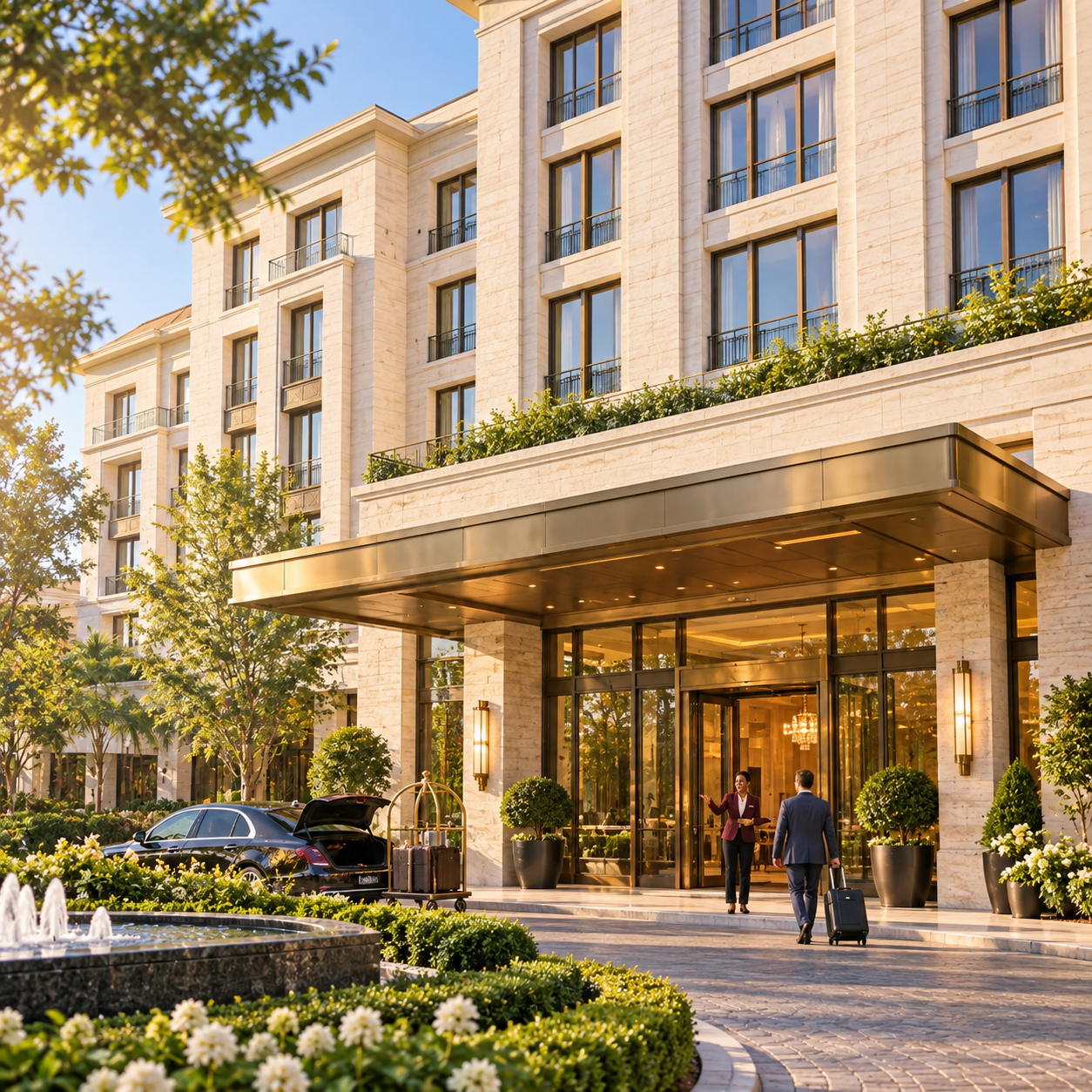Wide architectural exterior showing the ENTIRE newly renovated cream-stone hotel building, several stories with brass-framed windows, entrance canopy and landscaped grounds in warm morning light. The same burgundy-suited Black manager is small in scale at the entrance greeting a visitor. Make the hotel building itself the clear main subject, not a close doorway portrait. No lettering, no numbers.