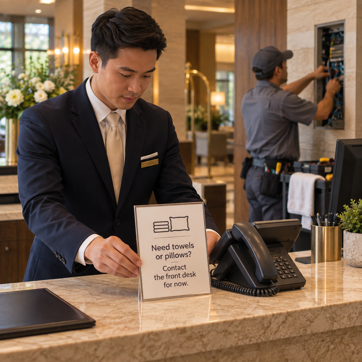 Receptionist places a temporary routing note beside a phone while a technician repairs the housekeeping line behind.