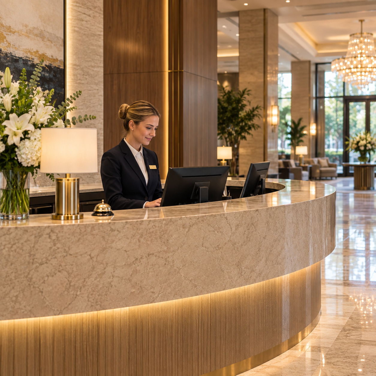 Wide architectural view of the hotel reception counter; male receptionist answers a phone behind it while manager organizes paperwork; housekeeper with cart farther back. Emphasize the reception workspace. No card or key handover and no suitcases in foreground.