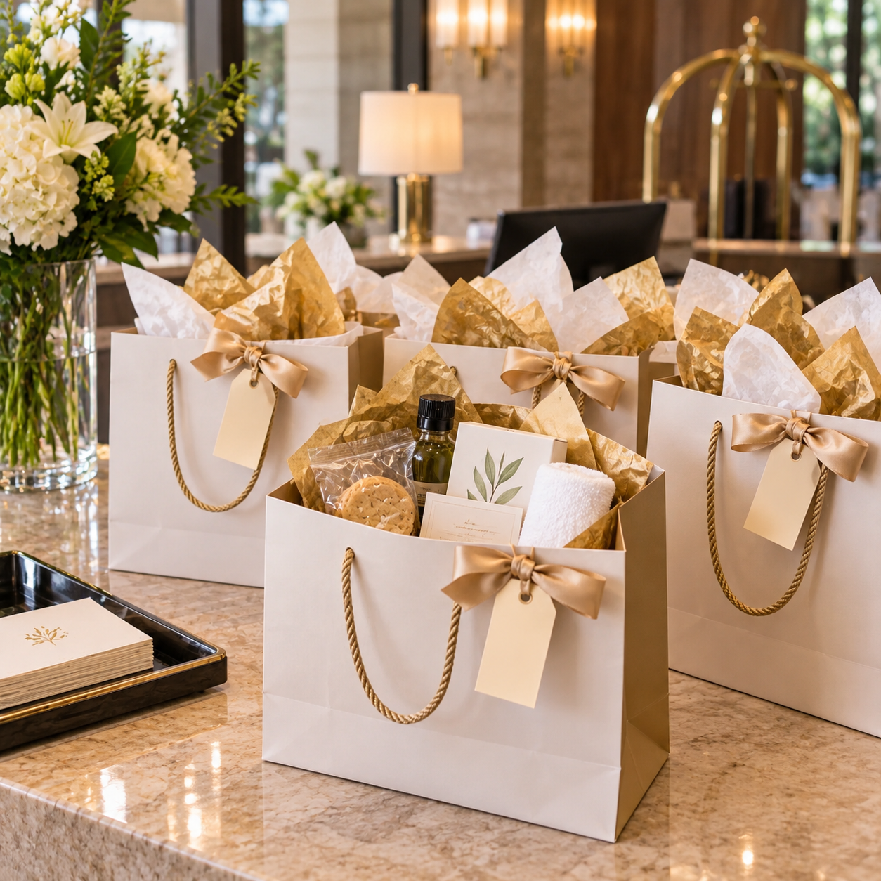 Hotel welcome counter displays tasteful gift bags containing small guest amenities, staff prepare one for arrival.