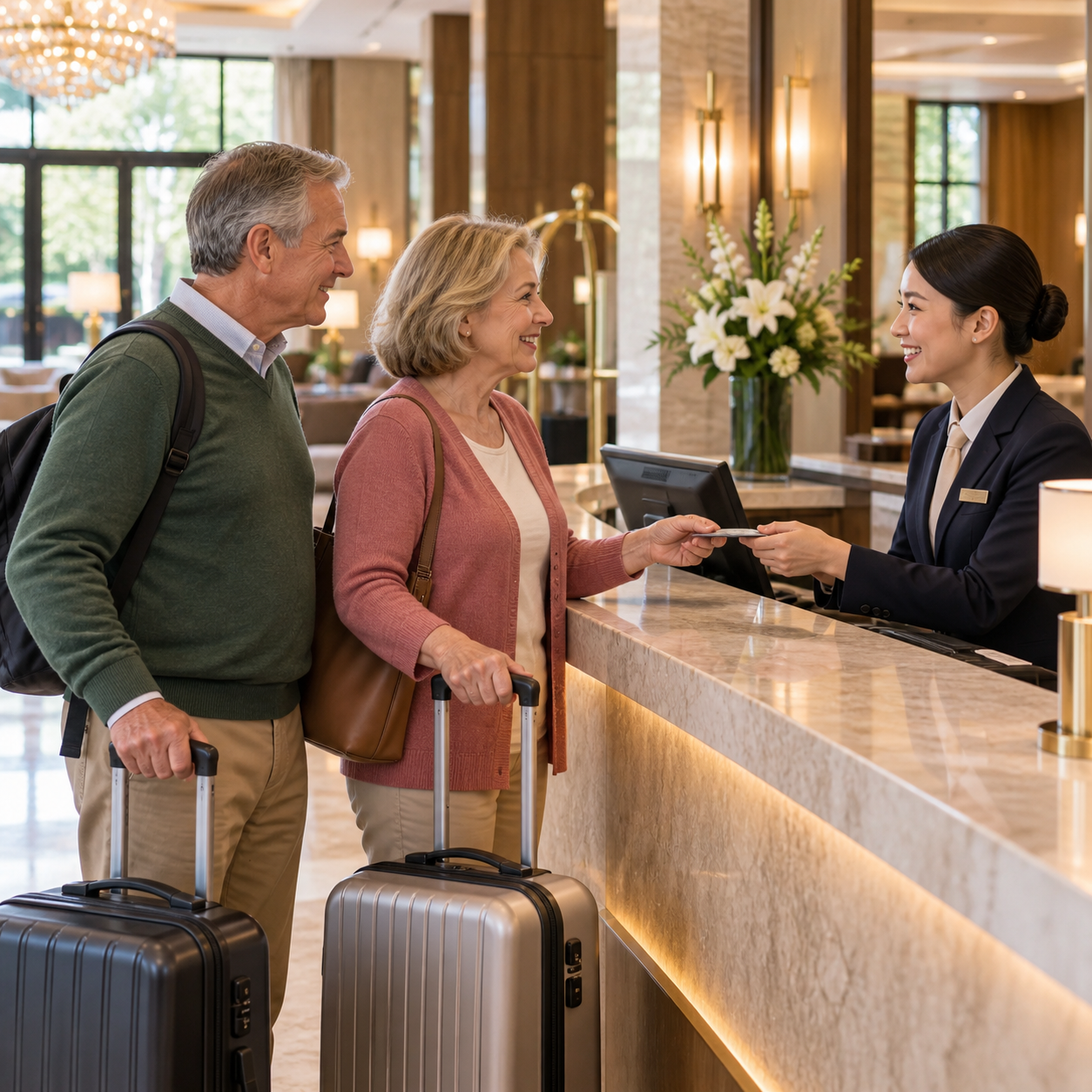 The burgundy-suited Black hotel manager and navy-suited Vietnamese male receptionist welcome two clearly different hotel guests into a cream-and-brass suite: an elderly white couple, gray-haired man with round glasses in a green sweater and woman with a silver bob in a rose cardigan. Their luggage rests beside the bed. Four people total; no housekeeper, no child, no look-alike duplicate staff. Guests in casual clothes smile as staff show the room.
