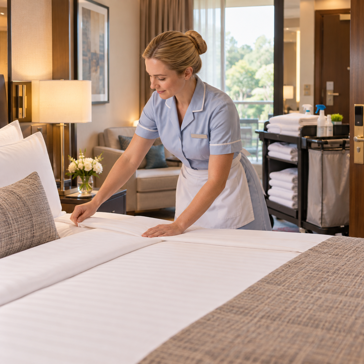 Pale-blue-uniform housekeeper neatly makes the bed and refreshes the room, cleaning cart at doorway.