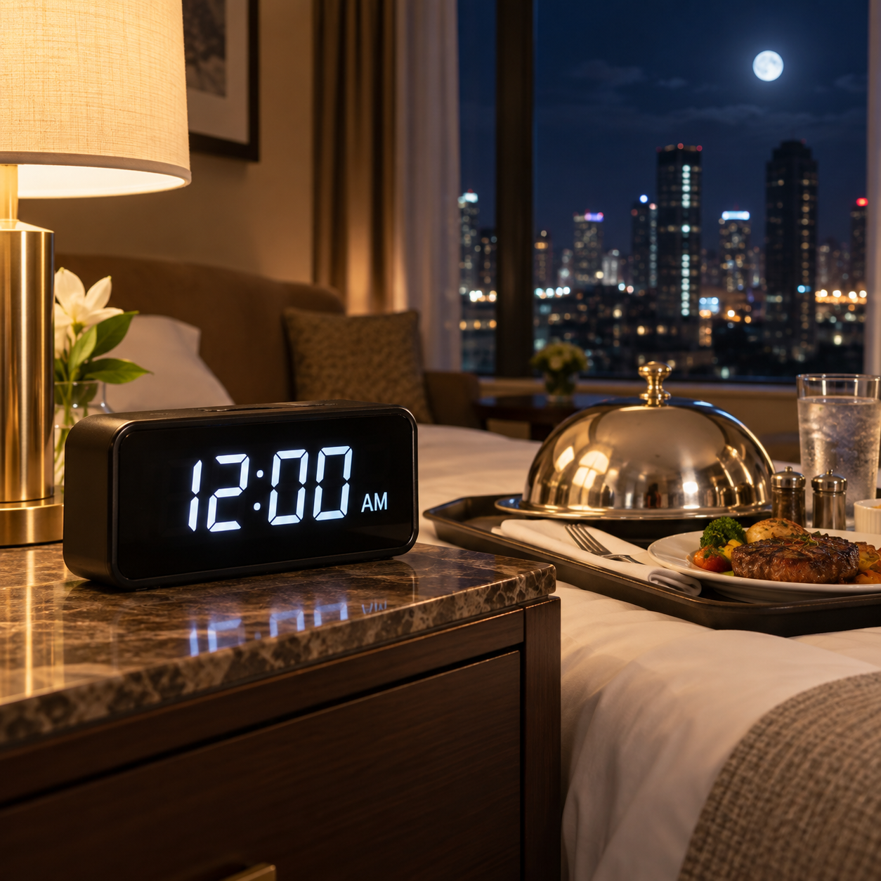 Hotel room clock reads 12:00 AM as a room-service tray arrives, dark sky outside, clear nighttime setting.