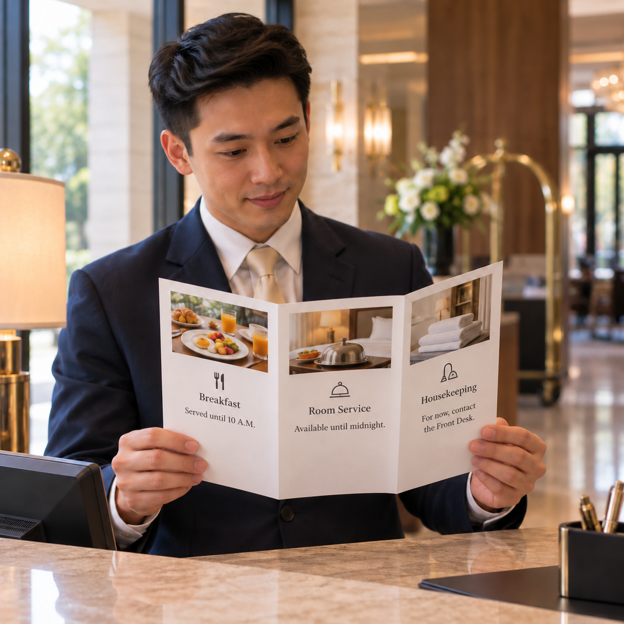 Receptionist unfolds a small hotel information pamphlet on the front desk, several panels visible.