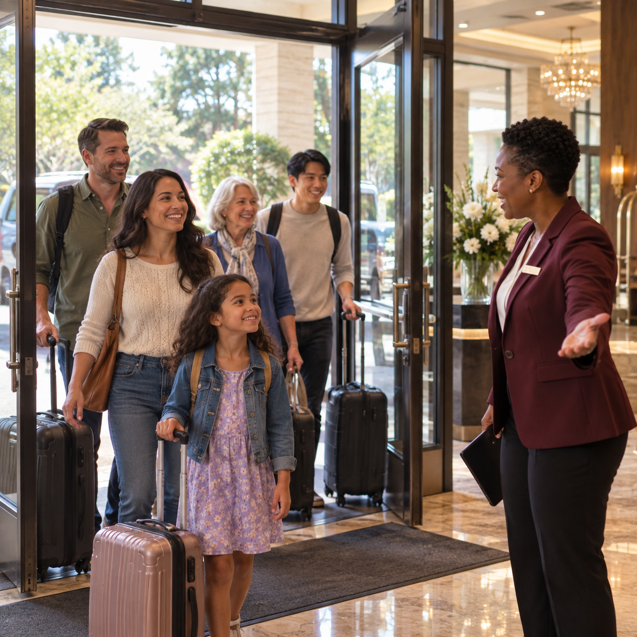 Hotel main doors open to a diverse group of arriving community guests, supervisor welcomes them from inside.