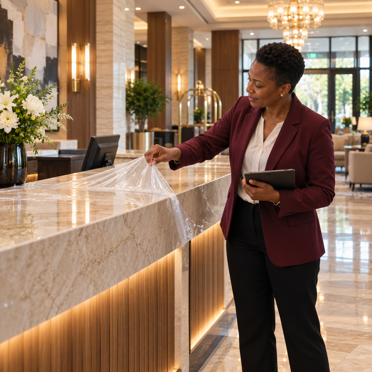 Supervisor inspects newly renovated hotel lobby finishes, small protective cover being removed from the new reception counter.