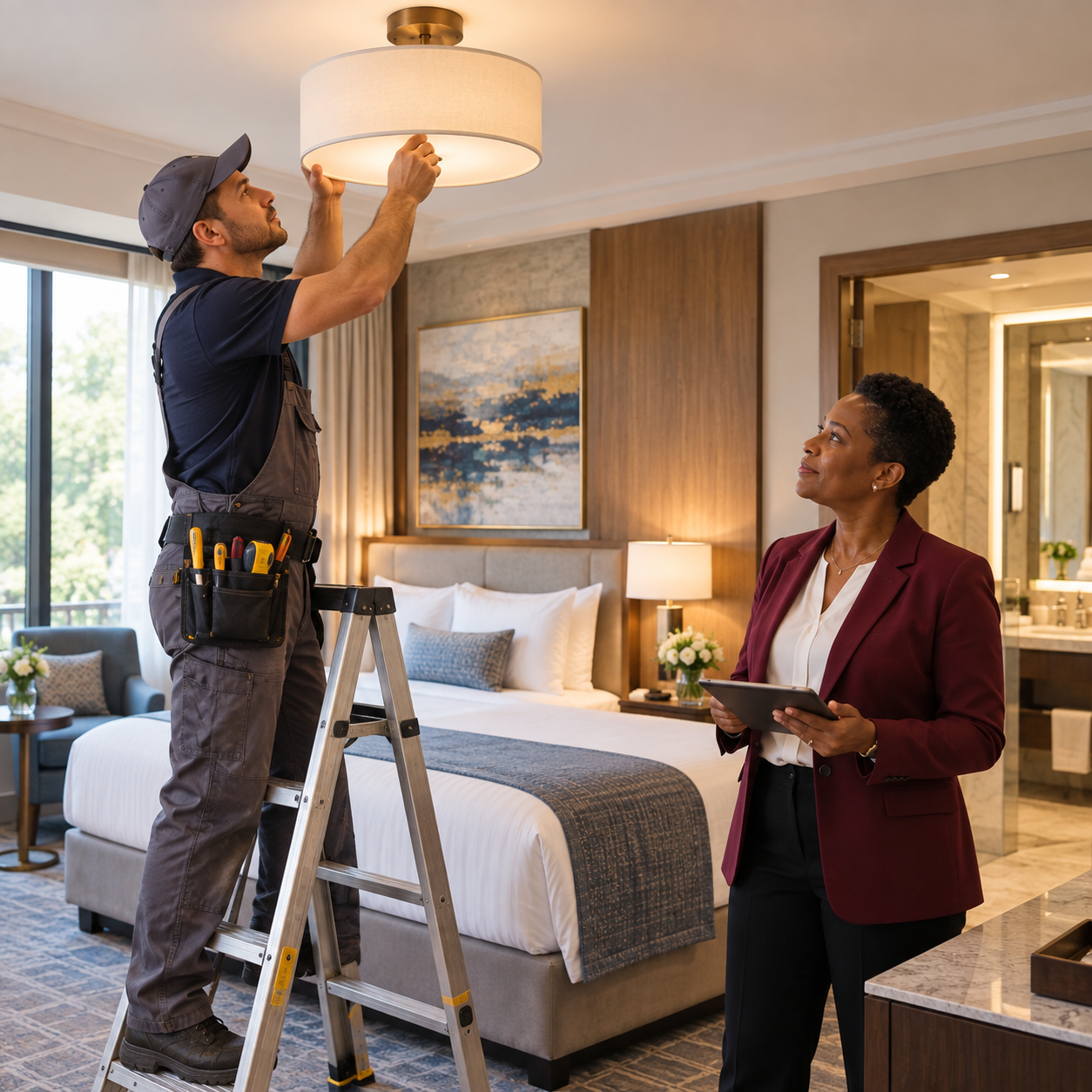 Craftsperson installs the final new light fixture in a guest room as supervisor checks the finished refurbishment.