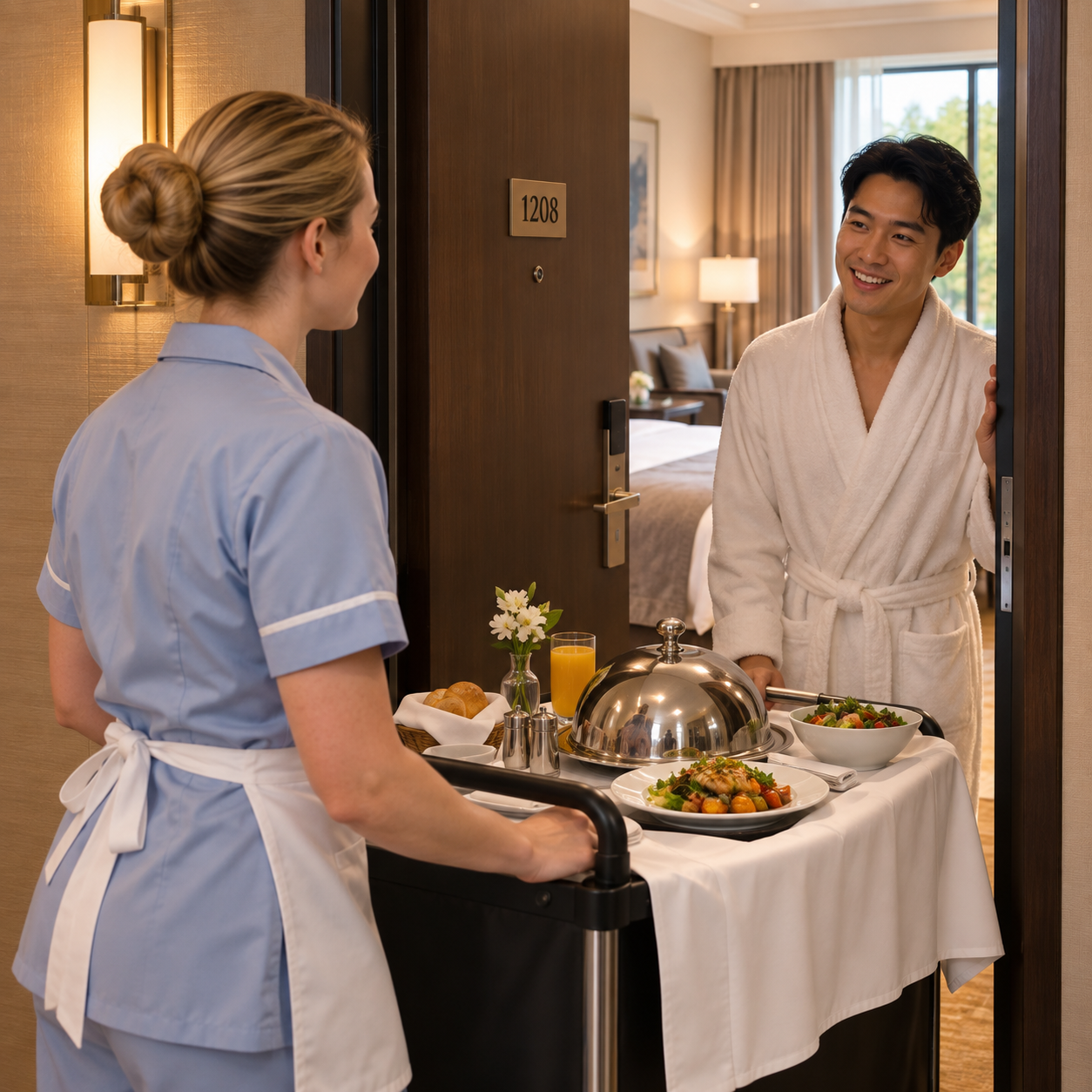 Uniformed hotel staff wheels a covered meal tray to a guest room door, food-service action clearly visible.