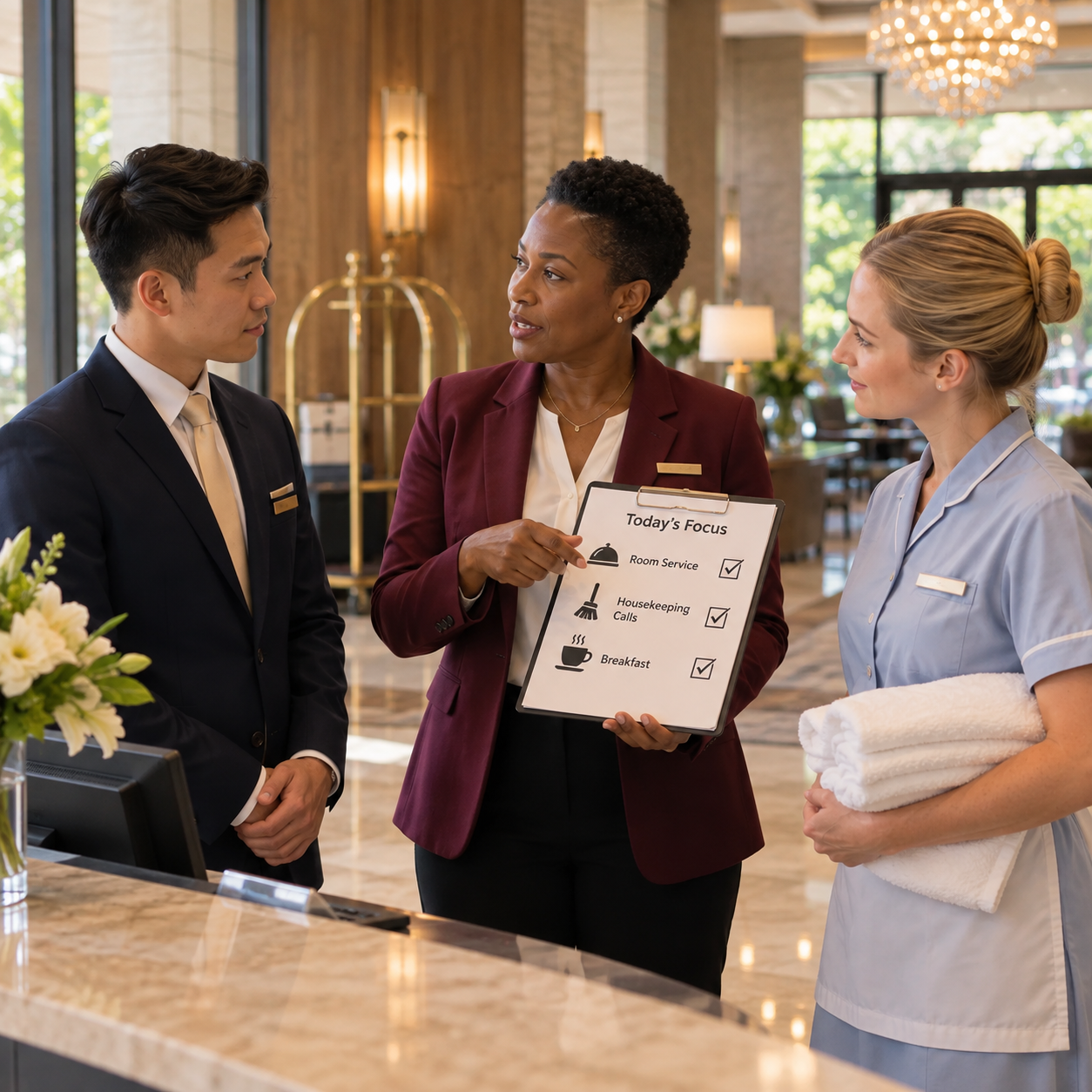 Supervisor gathers receptionist and housekeeper for their morning briefing in the lobby, focus on the team.