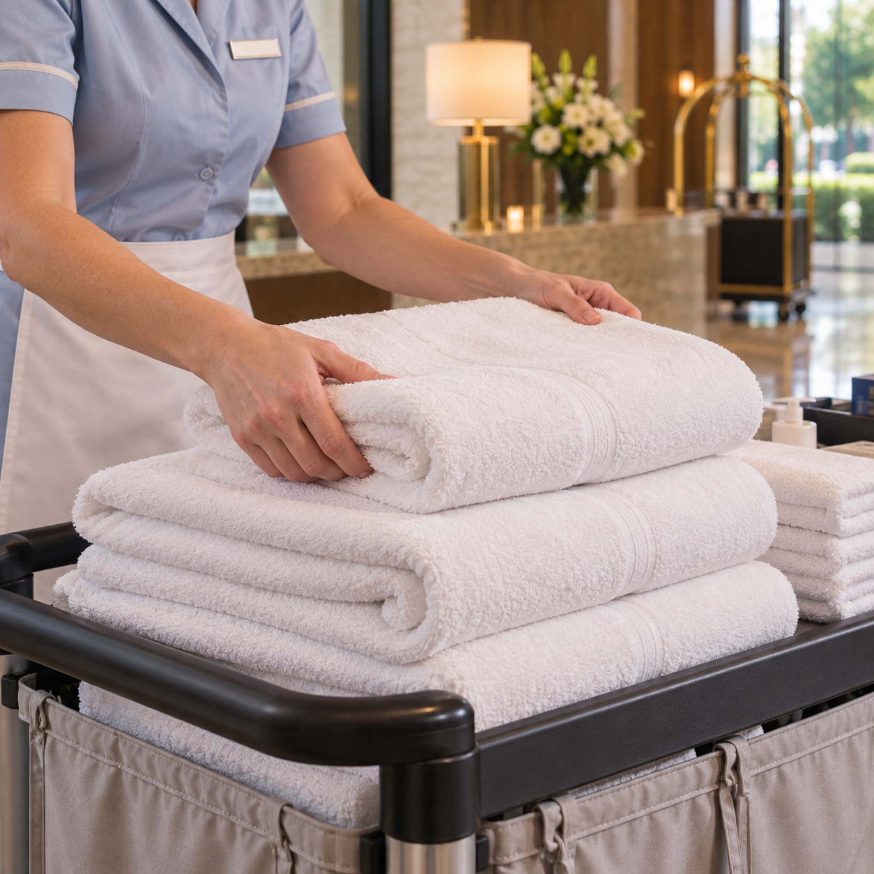 Housekeeper stacks freshly folded white towels on her hotel cart, focus on soft towel texture and folds.