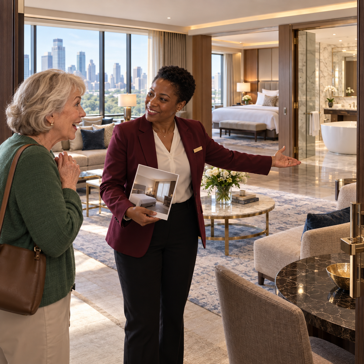 The same burgundy-suited Black hotel manager opens double doors and shows an impressed elderly white guest in a green sweater into a visibly luxurious upgraded suite: spacious separate lounge, panoramic city window, large marble bathroom beyond, deluxe seating and king bed. He holds a small previous standard-room brochure for comparison, no readable text. Wide architecture-focused single scene showing the better accommodation, NOT another key-card exchange at reception. Two people only.