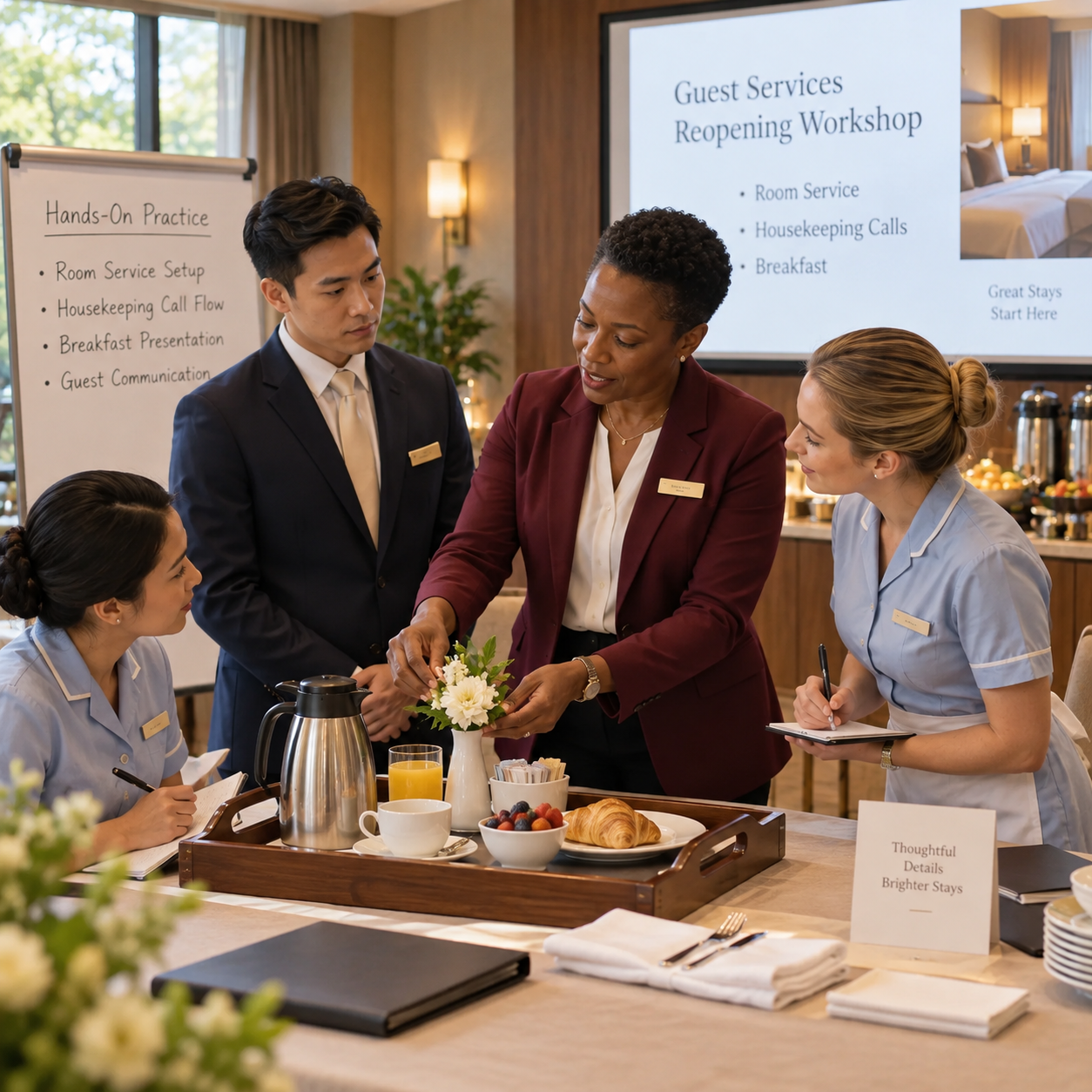 Small hands-on staff workshop in a hotel meeting room, supervisor teaches colleagues how to arrange a welcome tray.