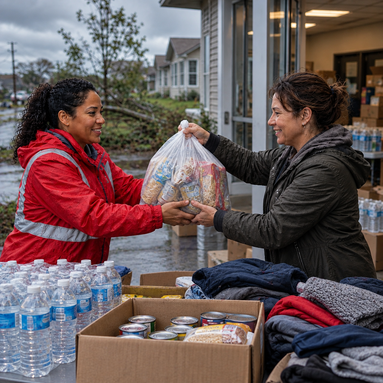 Red-jacket volunteer receives a bag of food from a donor across the relief supply table with bottled water and clothing.