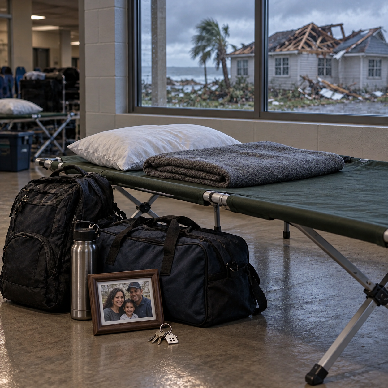 An unoccupied temporary shelter cot with neatly packed personal luggage, a house key, and a framed family photograph beside it; through the shelter window a coastal house with a storm-damaged roof is visible, clearly showing loss of a permanent home. No people or injury.
