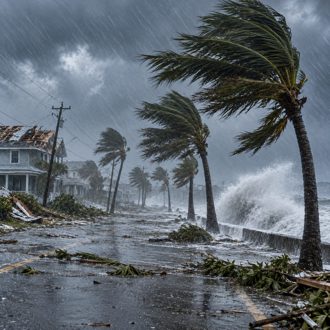 Strong hurricane winds bend rows of palms beside the gray coastal road, sheets of rain and storm sky, presentation scene.