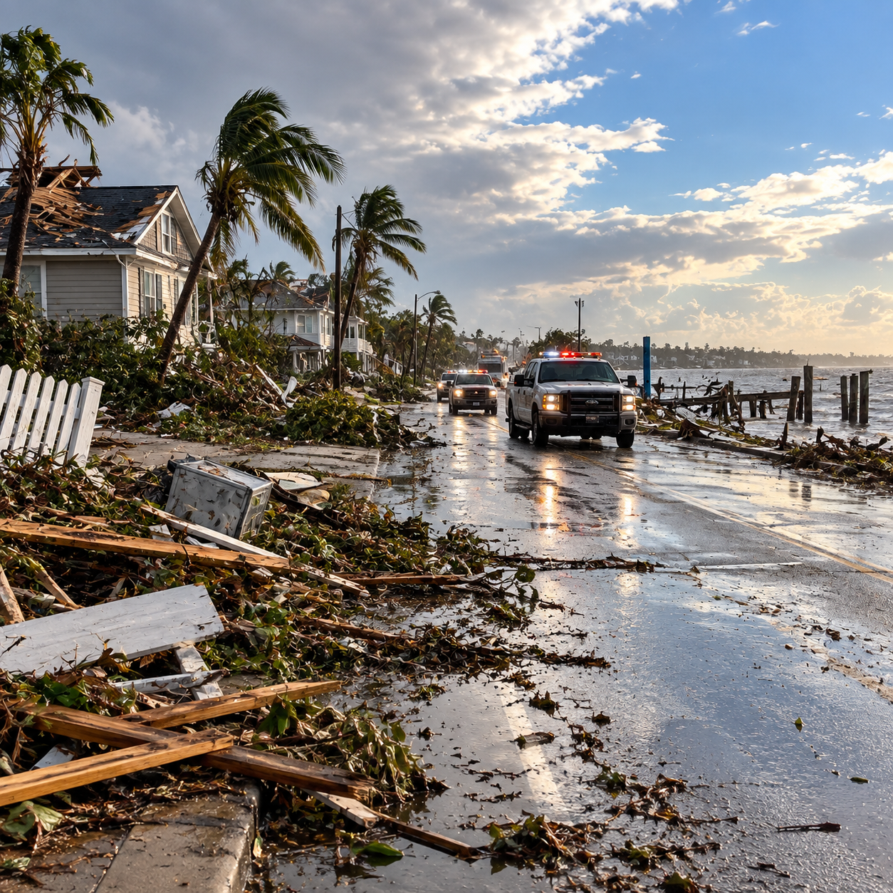 Wide coastal street after the storm has passed, receding water and debris trail, rescue crew arriving under clearing clouds.